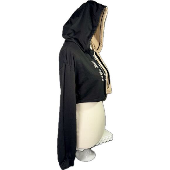 No Boundaries Crop Hoodie Sz 11/13 Dragon Graphic Colorblock Black Tan Y2K Style - Picture 4 of 6